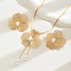 Women's necklace earrings set Versatile flower inlaid pearl design niche long collarbone chain