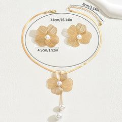Women's necklace earrings set Versatile flower inlaid pearl design niche long collarbone chain