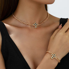 Niche fashion trend cross necklace bracelet personalized versatile thick chain jewelry set
