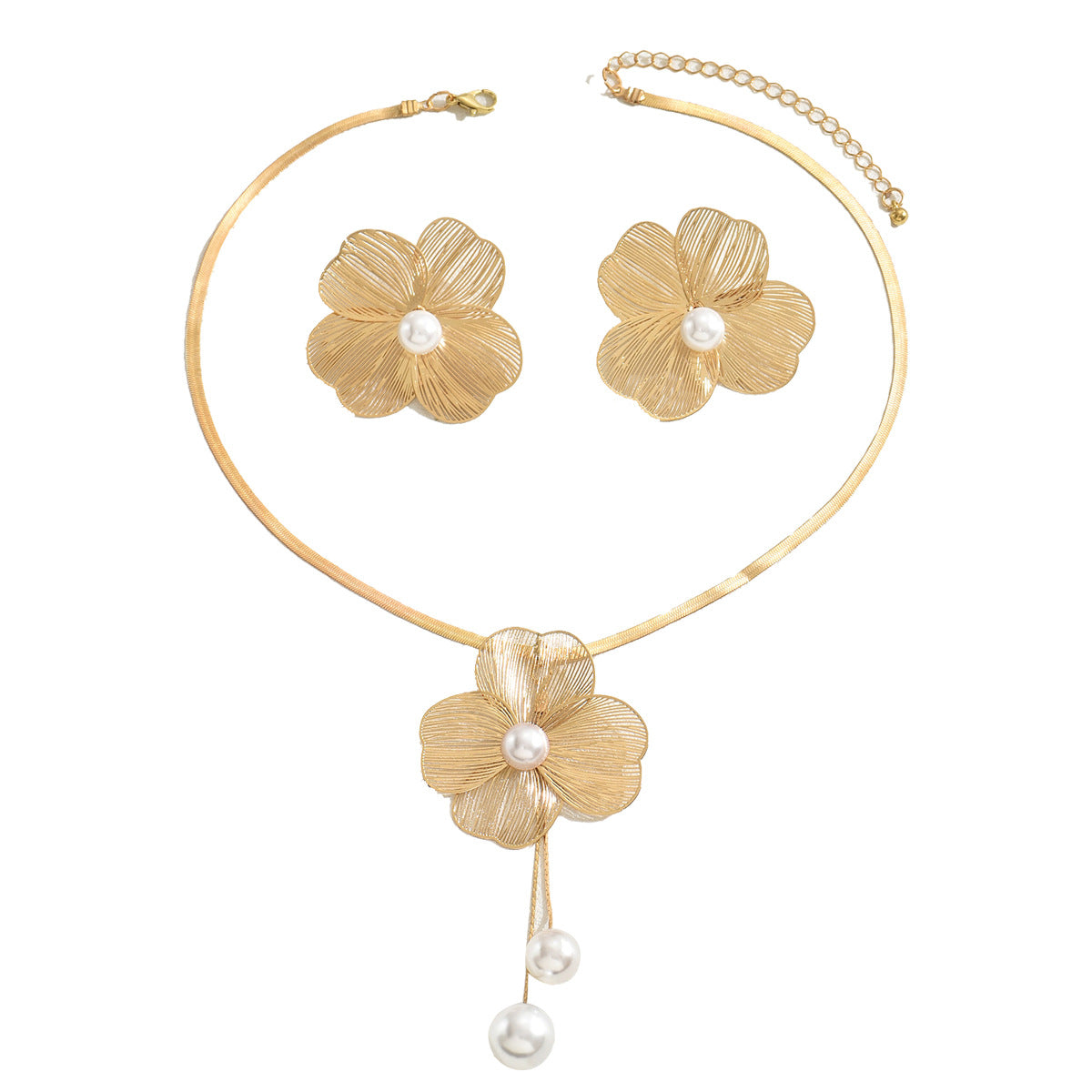 Women's necklace earrings set Versatile flower inlaid pearl design niche long collarbone chain