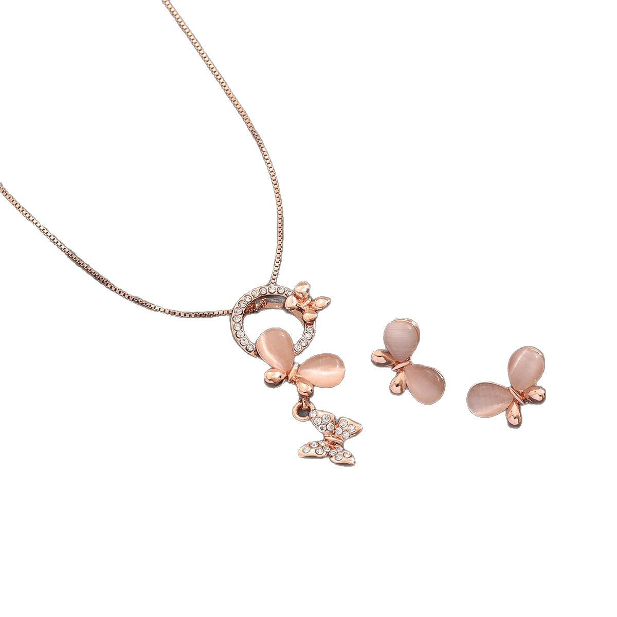 Opal pendant women's fashion butterfly stud earrings jewelry two-piece set popular water wave chain gemstone necklace
