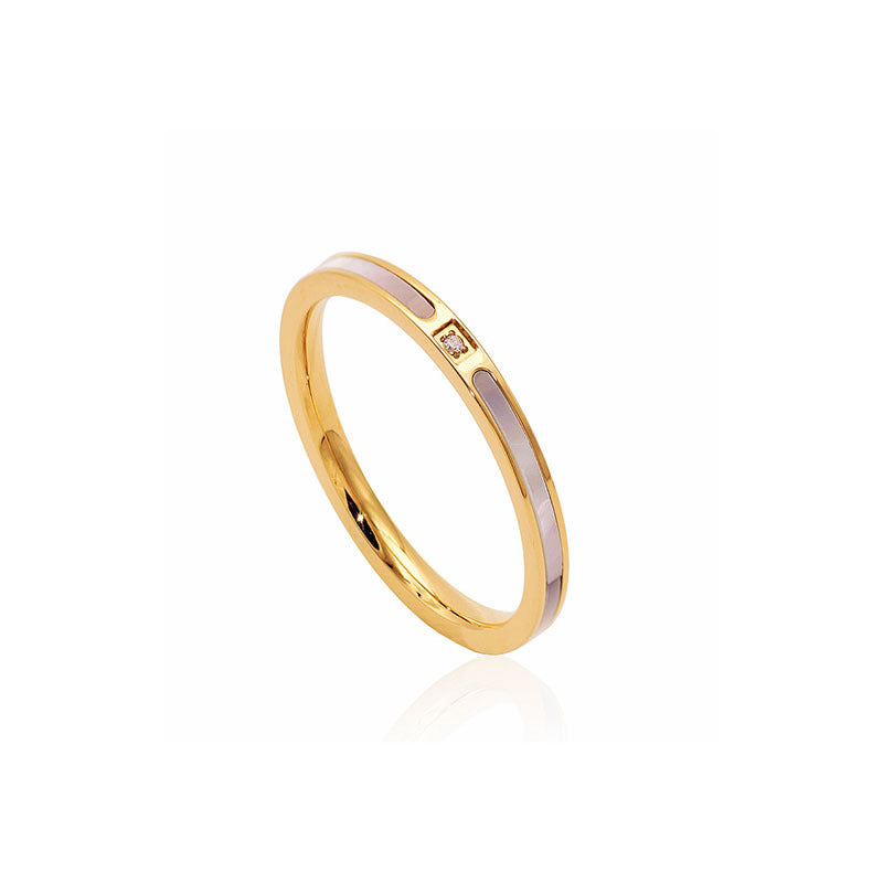 Japan and Korea fashion temperament 18k rose gold titanium steel ring women's single diamond white shell simple ins cold wind tail ring jewelry
