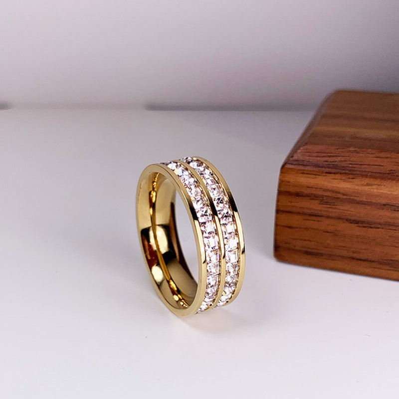 Korean version of high-end light luxury ring stainless steel jewelry female gypsy star design double row full diamond set couple ring