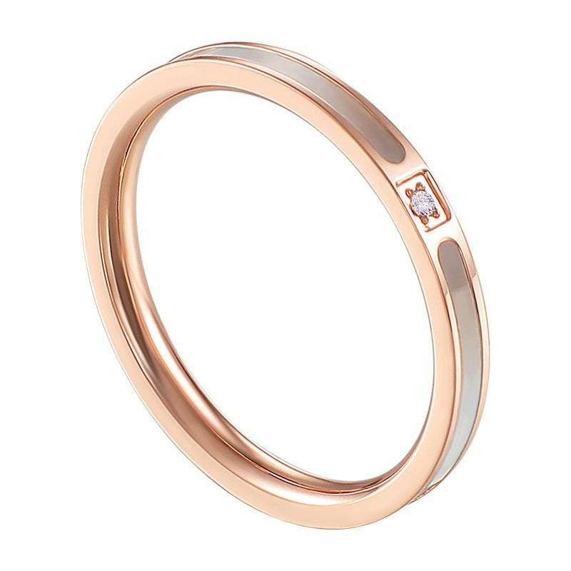 Japan and Korea fashion temperament 18k rose gold titanium steel ring women's single diamond white shell simple ins cold wind tail ring jewelry