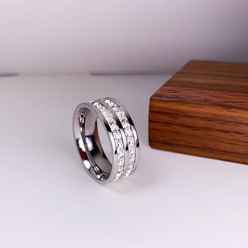 Korean version of high-end light luxury ring stainless steel jewelry female gypsy star design double row full diamond set couple ring