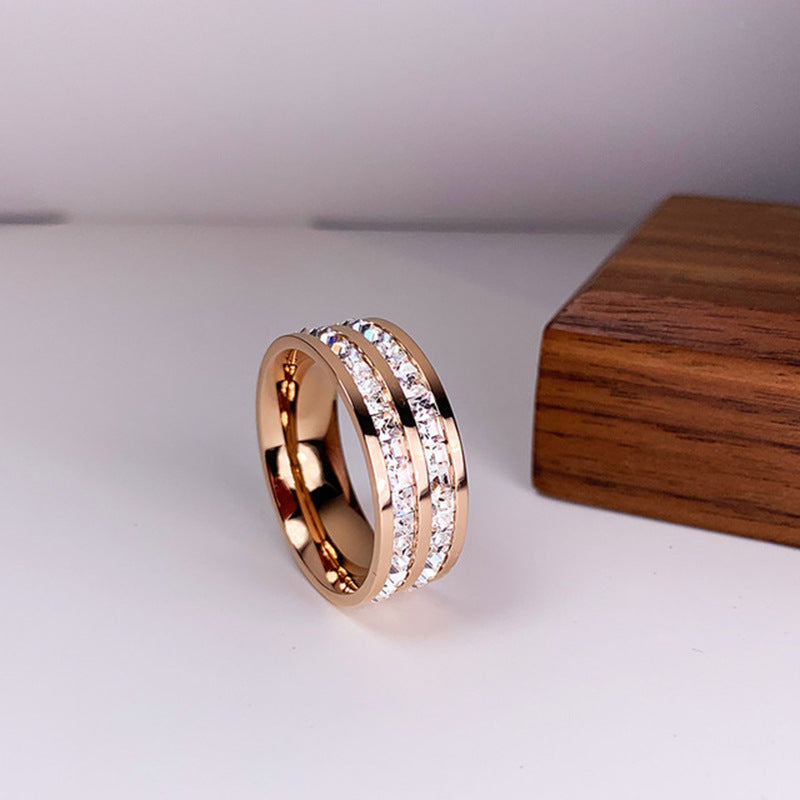 Korean version of high-end light luxury ring stainless steel jewelry female gypsy star design double row full diamond set couple ring