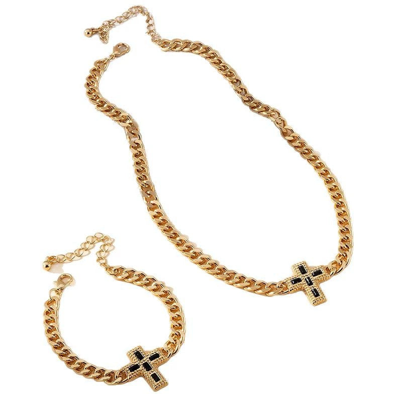 Niche fashion trend cross necklace bracelet personalized versatile thick chain jewelry set